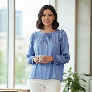 LOFT Blue Striped Satin Ruffle Flutter‎ Sleeve Blouse Top - Size M